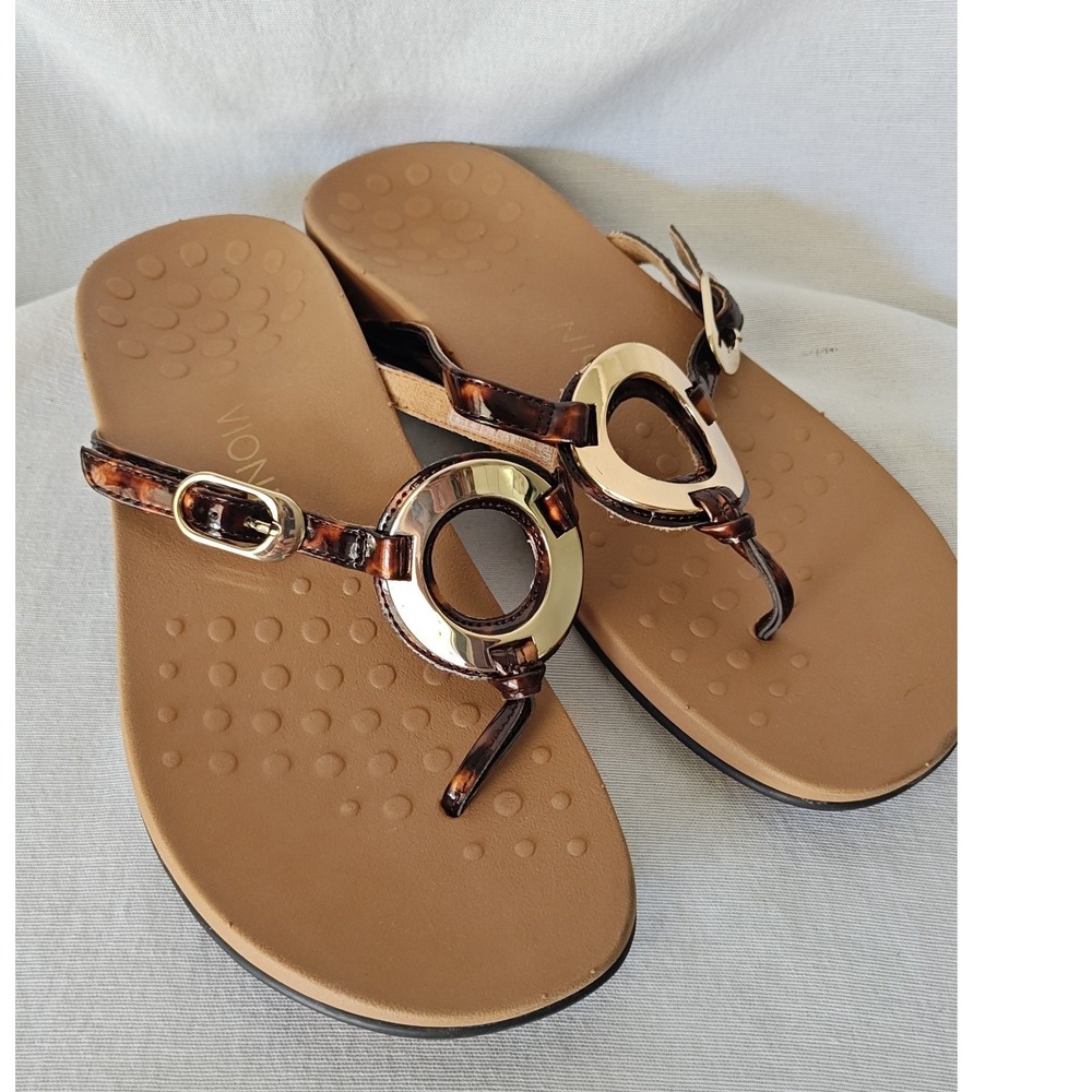 Vionic Karina Sandals Brown Tortoise Print Gold Ring Thong Flip Flop Orthotics 8 - Picture 8 of 8